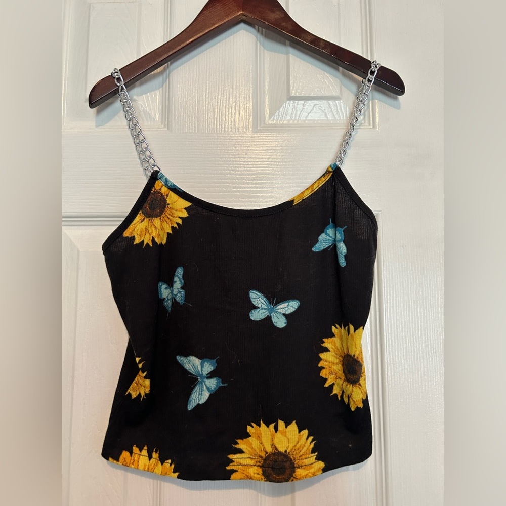 Black Butterfly and Sunflower crop tank